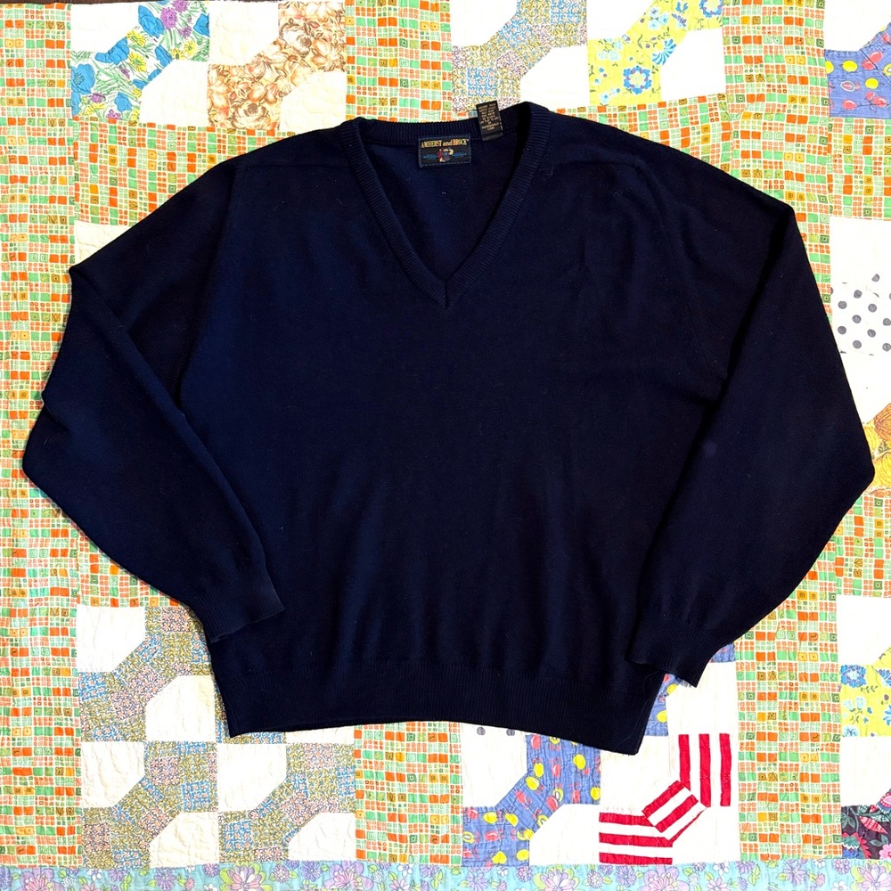 Vintage 100% Irish Wool Navy V Neck Sweater Amherst and Brock